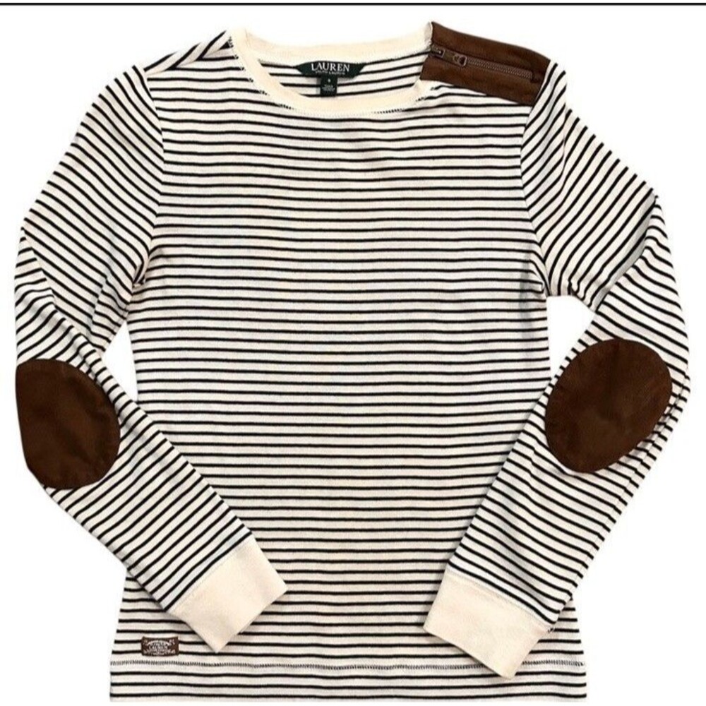 Lauren RL Black & White Striped Leather Elbow Patch Long Sleeve Tee Size Large
